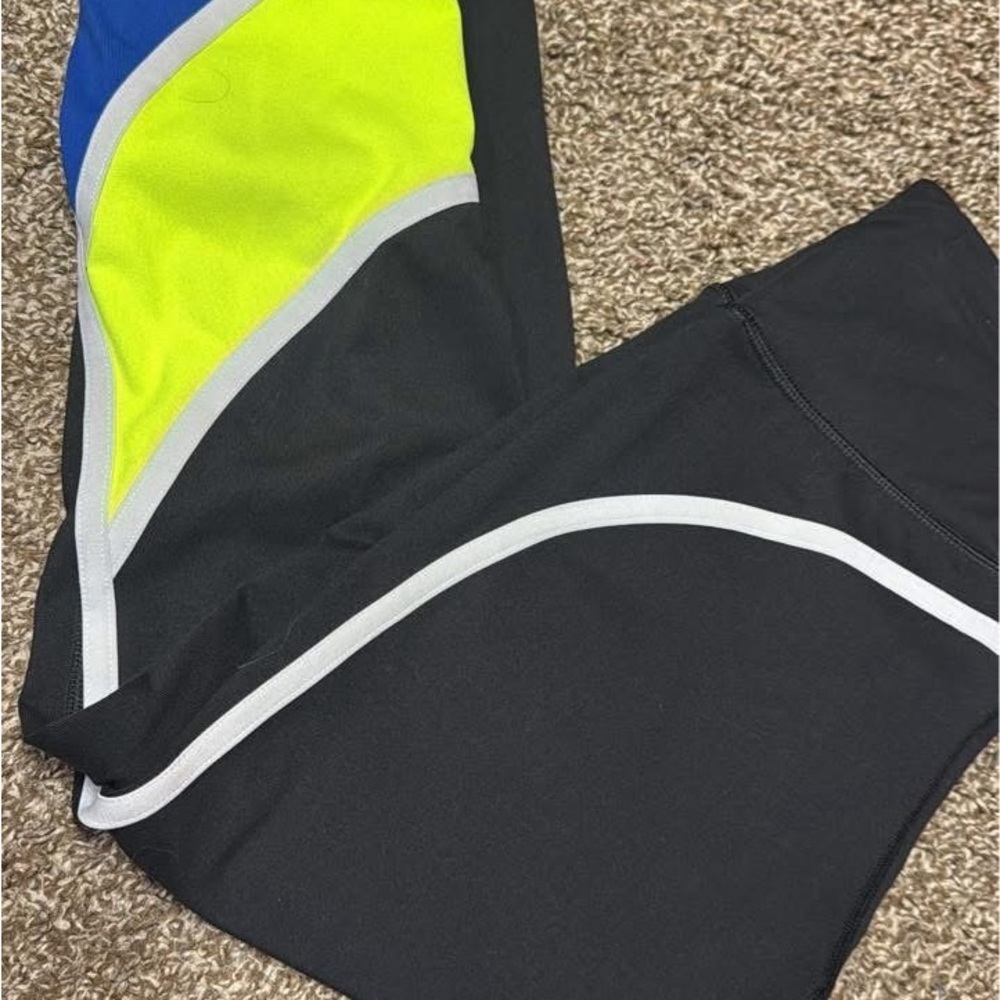 PINK Victoria's Secret Black Leggings with Neon Yellow and Blue Accents